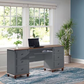 Escrivaninha 6 Gavetas Suporte de Teclado e Divisor de Ambiente 50606 Linz Móveis - Cinza/Imbuia