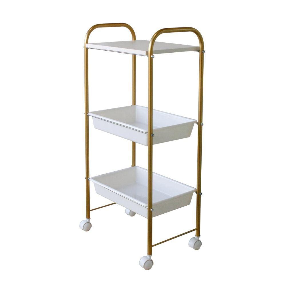 Carrinho Auxiliar Estética 1 Tampo E 2 Bandejas Dourado