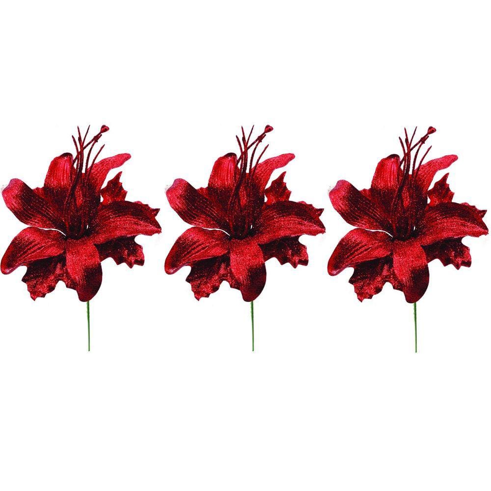 Jogo Flor Lírio Natalino Glitter Vermelho 24cm 3 Unidades - Yangzi