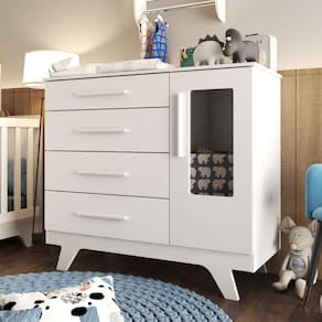 Cômoda Infantil 1 Porta com Janela 4 Gavetas Retrô Móveis Peroba Branco Brilho
