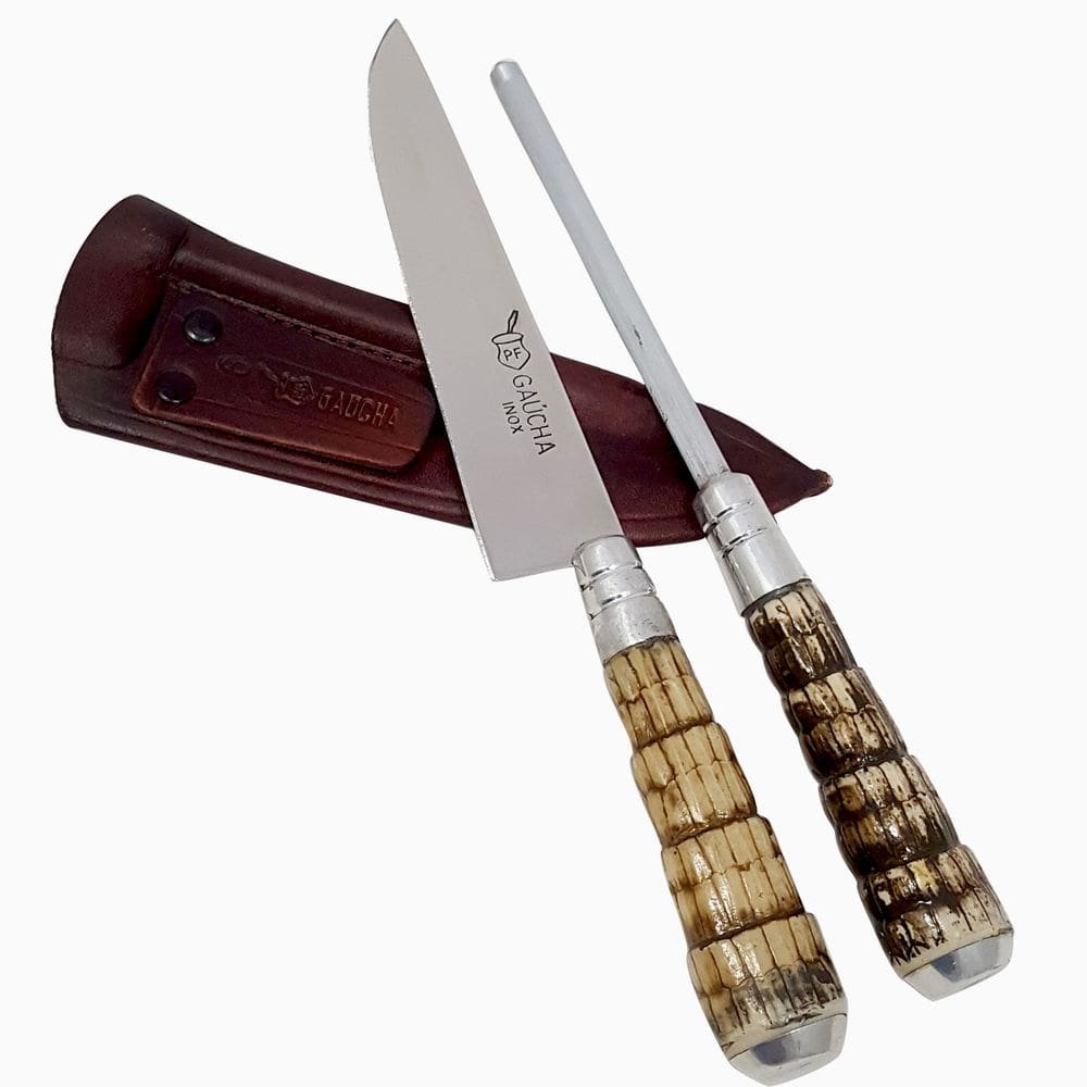 Kit Faca 6`` Chaira Inox Rabo Tatu Bainha Couro Churrasco