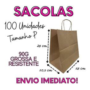 100 Sacolas Tamanho P Papel Kraft Grossa 90g Kit