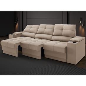 Sofá com Porta Copos e Carregador USB Retrátil e Reclinável Ringo 2,30m Velosuede Capuccino - NETSOFAS