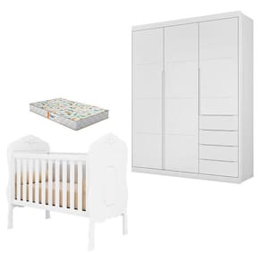 Berço Americano Realeza e Guarda Roupa Infantil Blenda Branco Acetinado com Colchão Gazin - Phoenix Baby