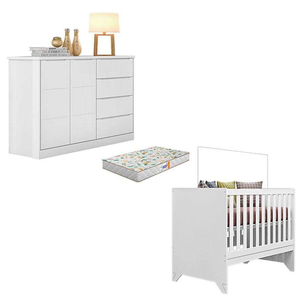 Berço Americano Maya e Cômoda Infantil Blenda Branco Acetinado com Colchão Gazin - Phoenix Baby
