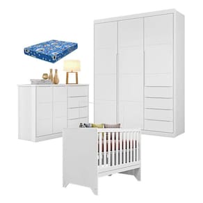 Quarto de Bebê Blenda com Berço Americano Maya Branco Acetinado com Colchão Ortobom - Phoenix Baby