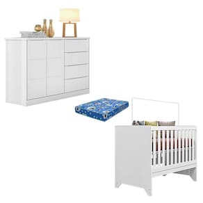 Berço Americano Maya e Cômoda Infantil Blenda Branco Acetinado com Colchão Ortobom - Phoenix Baby
