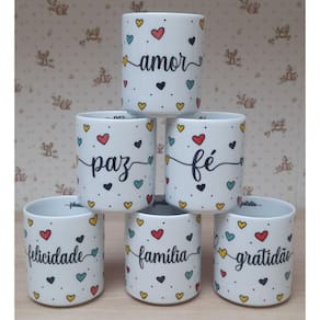 Jogo 6 copos 300ml Frases Motivacionais - Kit Porcelana