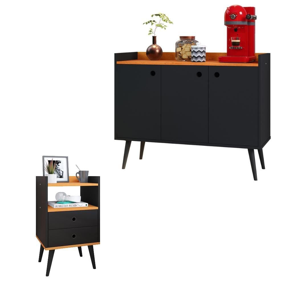 Kit Cozinha Cantinho Café Aparador Buffet Decoração Sala Quarto Mesinha Cabeceira Mesa Lateral 2 Gavetas Retrô - RPM Móveis