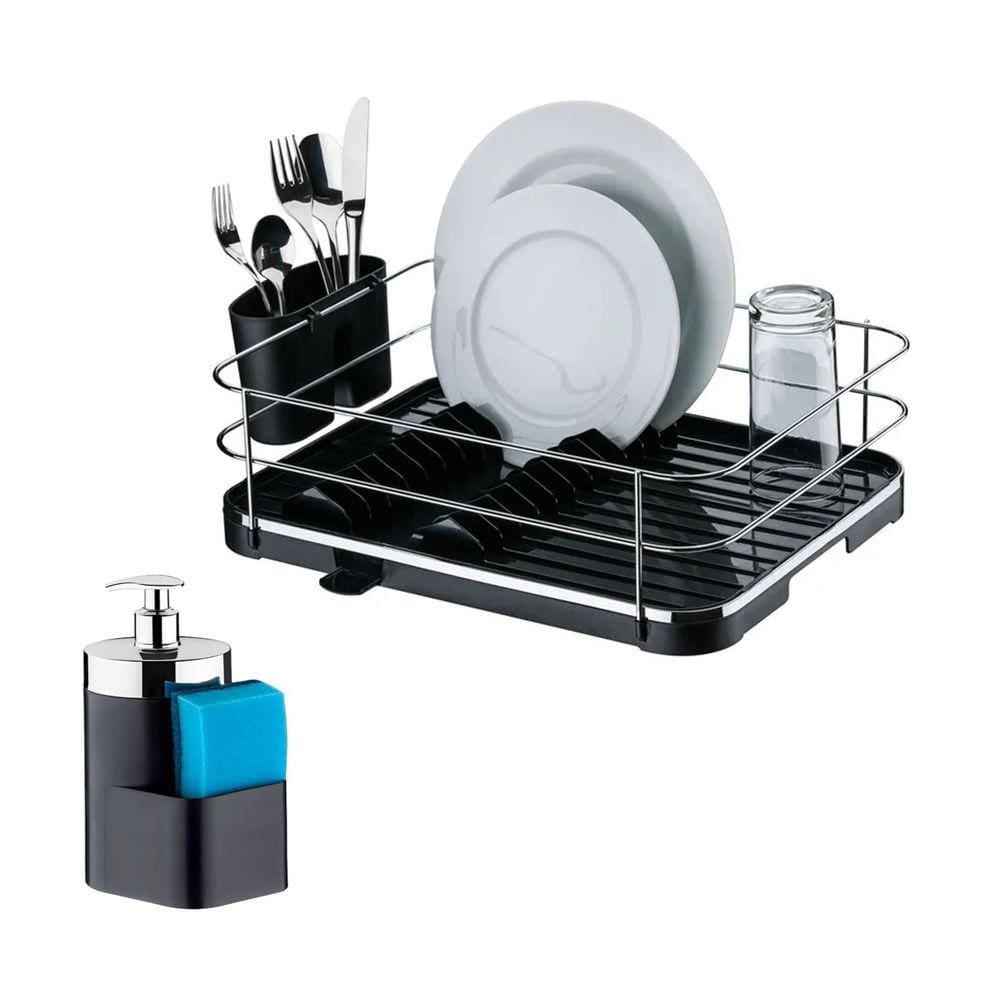 Kit Escorredor De Louças Dispenser Porta Detergente Líquido Esponja Pia Cozinha Preto Cromado - Future