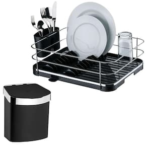 Kit Escorredor De Louças Lixeira 2,5L De Pia Cozinha Preto Cromado - Future