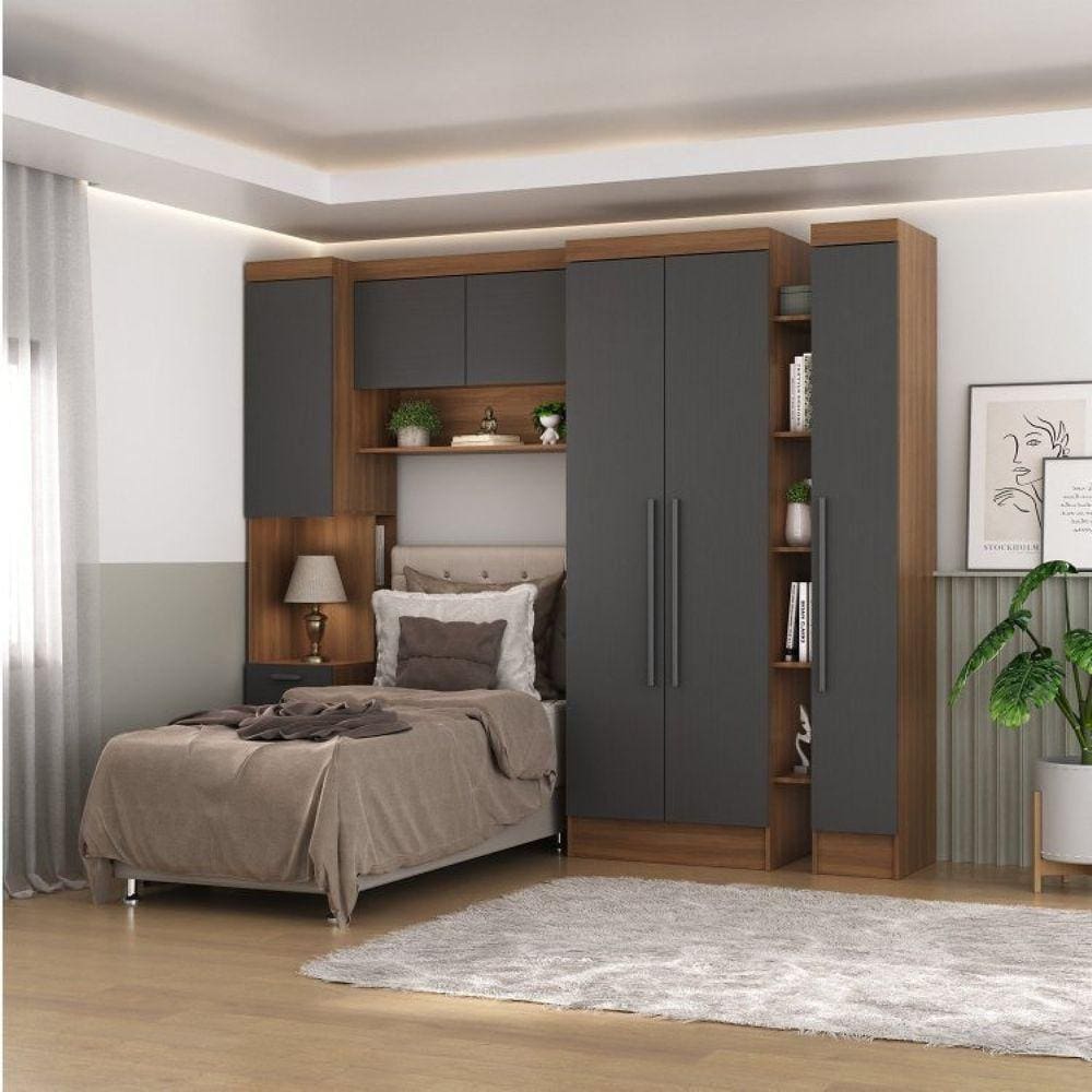 Guardo Roupa Modulado 6 Portas 4 Gavetas 4 Peças Hecol Móveis Nogal/Grafite