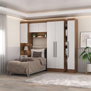 Guardo Roupa Modulado 6 Portas 4 Gavetas 4 Peças Hecol Móveis Nogal/Branco