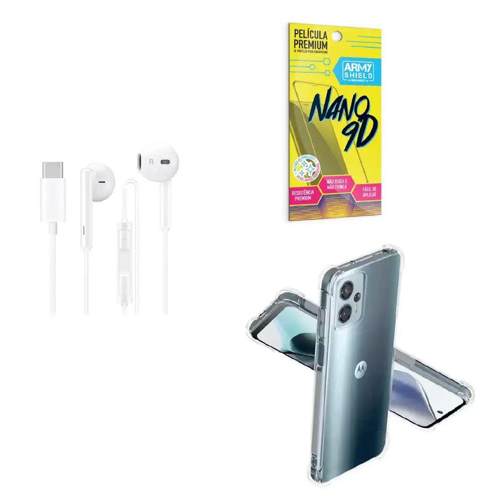 Kit Capinha Anti Shock Motorola G13 + Fone de Ouvido Tipo C Estéreo + Película de Cerâmica 9D
