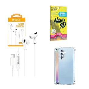Kit Capinha Anti Shock Samsung A34 + Fone de Ouvido Tipo C Intra Auricular + Película de Vidro 3D
