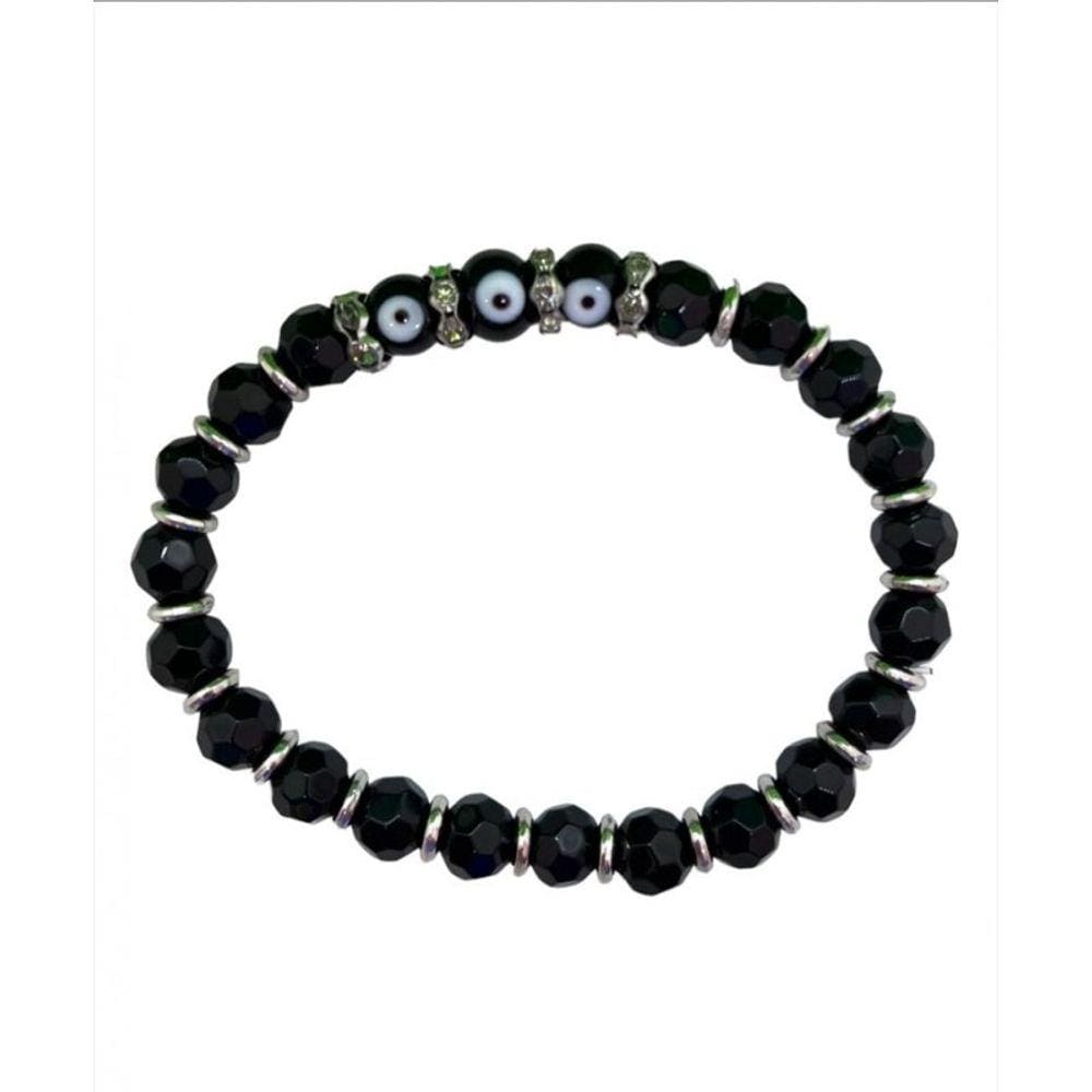 Pulseira 3 Olho Grego Preta Prateada Cristal e Silicone