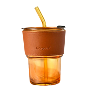 Copo De Vidro Com Canudo E Tampa Âmbar 450 Ml