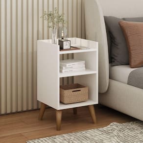 Mesa de Cabeceira Retrô com Pés Palito em Madeira Maciça Prateleiras e Borda Superior Branco