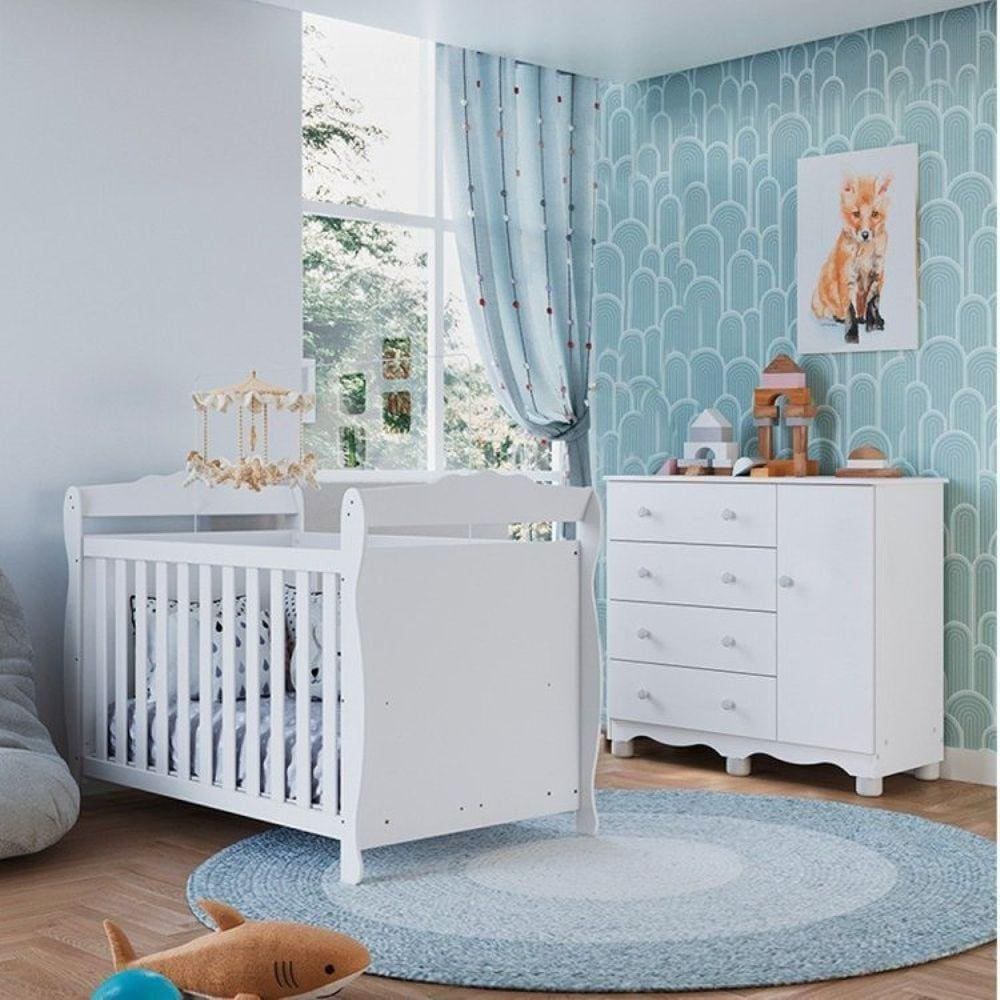 Quarto de Bebê com Cômoda 1 Porta e Berço Americano Nina Espresso Móveis Branco Brilho