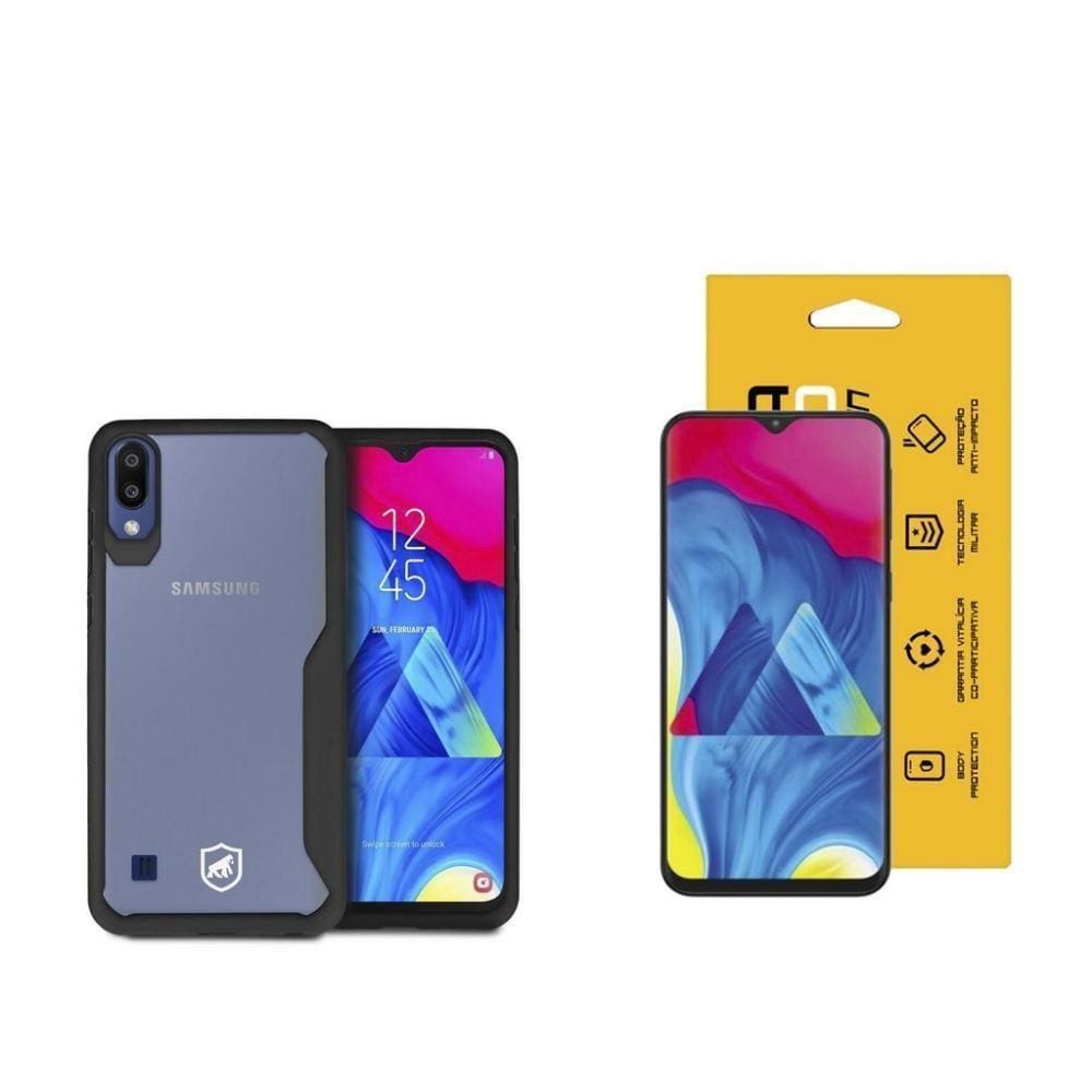 Kit Capa Case Capinha Atomic Preta E Película Vidro Dupla Para Samsung Galaxy M20 - Gshield
