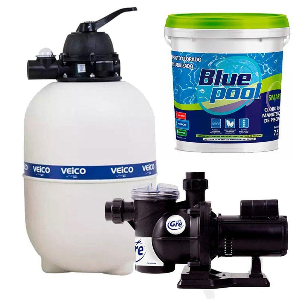 Filtro para Piscina até 42.000 Litros c/ Bomba 1/2 CV GRE + Cloro Smart 7,5 KG Bluepool FLUIDRA