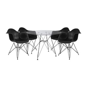 Mesa de Vidro Redonda Eames Eiffel 90cm com 4 Poltronas Pretas Ferro Preto