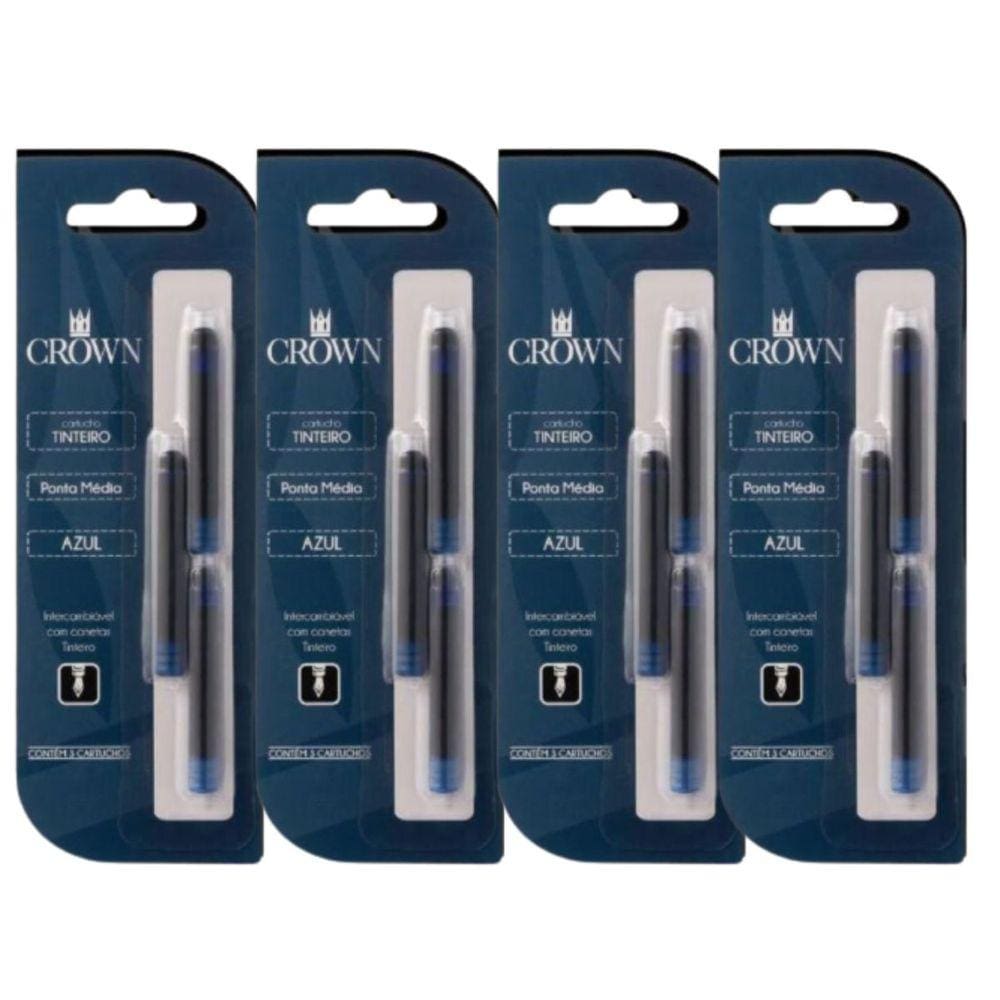 Kit 4 Recargas Para Caneta Crown Tinteiro Com 3 Refil Ca32005 Azul Preta