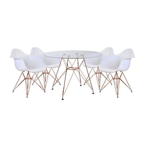 Conjunto Jantar Mesa Eames Eiffel Vidro Redonda 110cm com 4 Poltronas Brancas Ferro Cobre