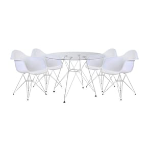 Mesa de Jantar Eames Eiffel Vidro Redonda 110cm com 4 Poltronas Brancas Ferro Branco