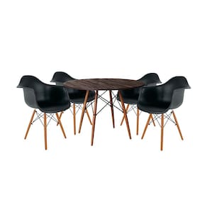 Conjunto de Jantar Mesa Redonda Eiffel Eames em Madeira 90cm Amêndoa com 4 Poltronas Pretas