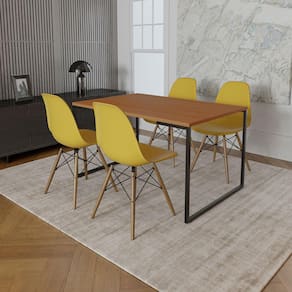 Mesa Industrial Base de Ferro Preto Tampo 137x90 Canela 4 Cadeiras Eames Madeira Assento Amarelo
