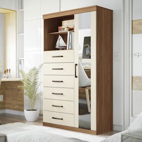 Cômoda 6 Gavetas 1 Porta 2 Nichos e Espelho Marabá Jatobá/Areia