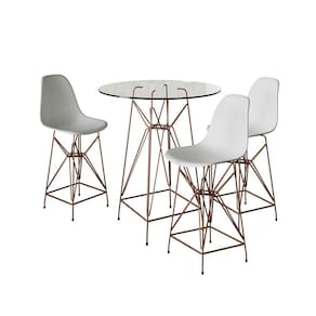 Jogo Mesa Bistrô Eames Eiffel Vidro 60cm 3 Banquetas Branca Base Ferro Cobre