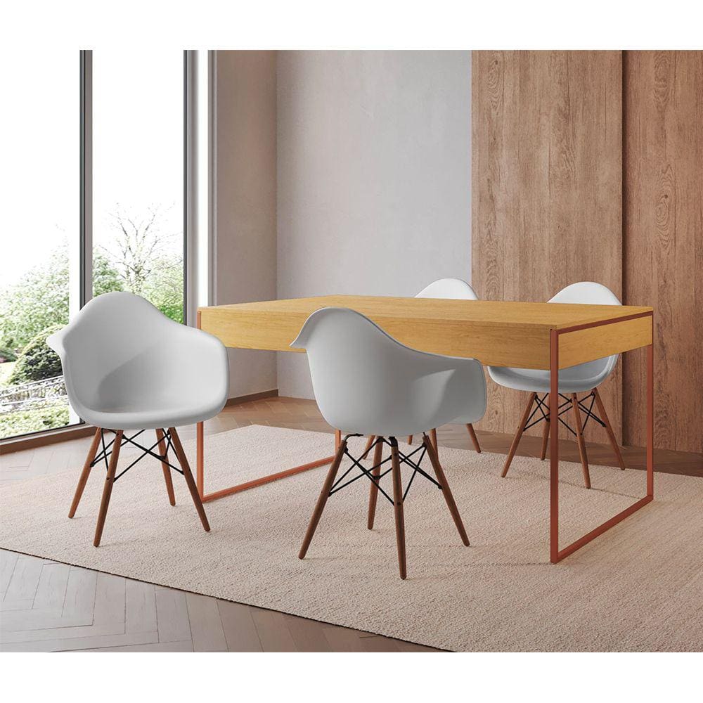 Mesa Jantar Industrial Filadélfia Canela 137x90cm Base Cobre com 4 Poltronas Brancas Eames Eiffel Ma