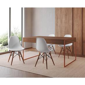 Mesa Jantar Industrial Retangular Filadélfia Amêndoa 137x90cm Base Cobre com 4 Cadeiras Brancas Eiff