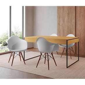 Mesa Jantar Industrial Filadélfia Canela 137x90cm Base Ferro Preto com 4 Poltronas Brancas Eames Eif