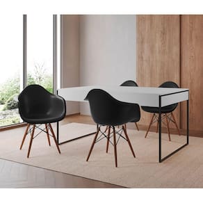 Mesa Jantar Industrial Filadélfia Branca 137x90cm Base Ferro Preto com 4 Poltronas Pretas Eames Eiff
