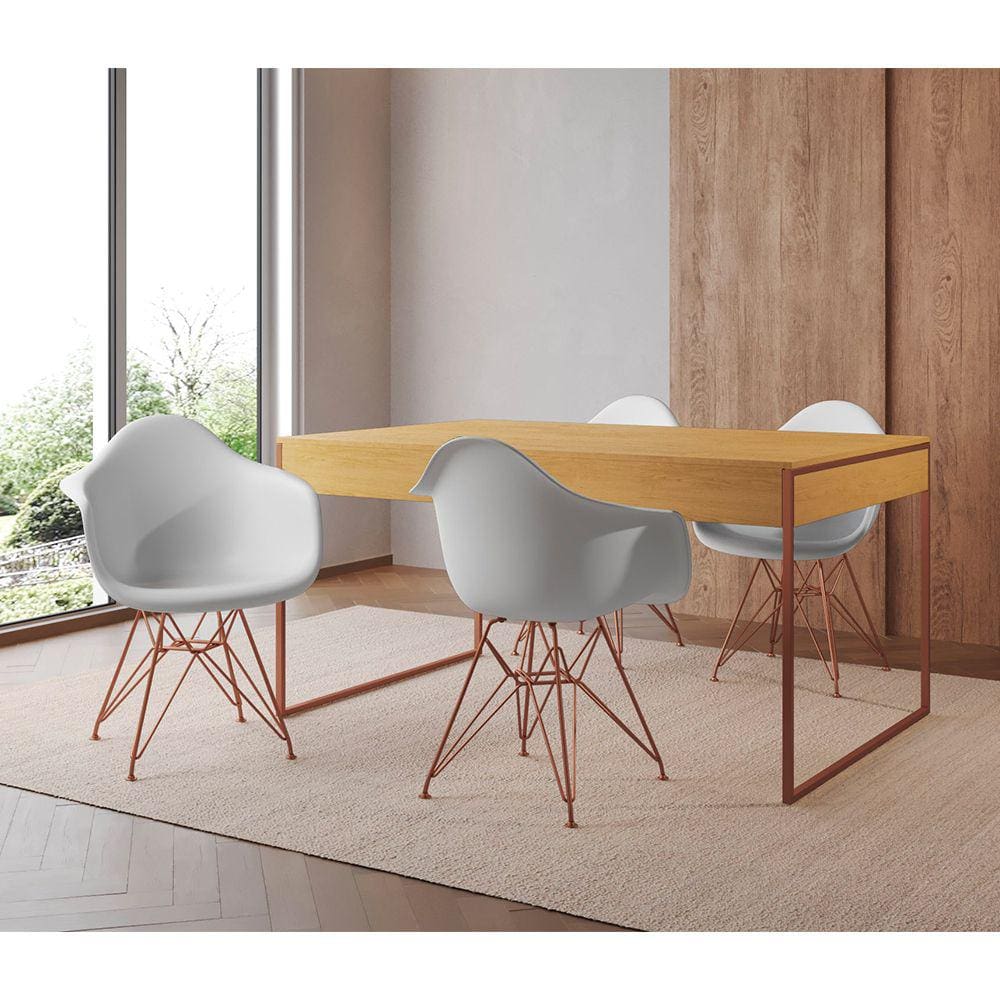Mesa Jantar Industrial Filadélfia Canela 137x90cm com 4 Poltronas Eames Eiffel Brancas Base Cobre
