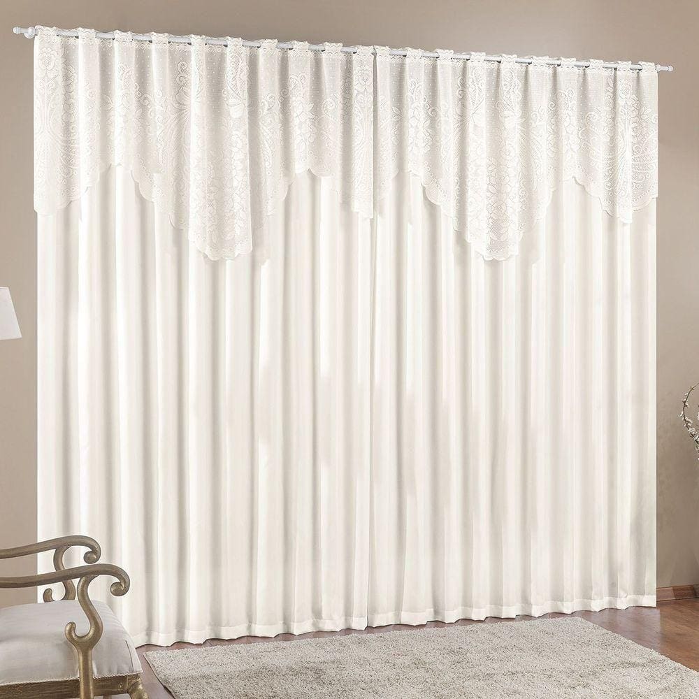 Cortina Nicole 2 Metros Palha Tecido Microfibra Com Renda Floral Sala Quarto