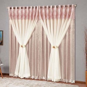 Cortina Nobreza Floral 2,00M X 1,70M Tecido Cetim Amassado Voil Bandô Bordado - Rosê