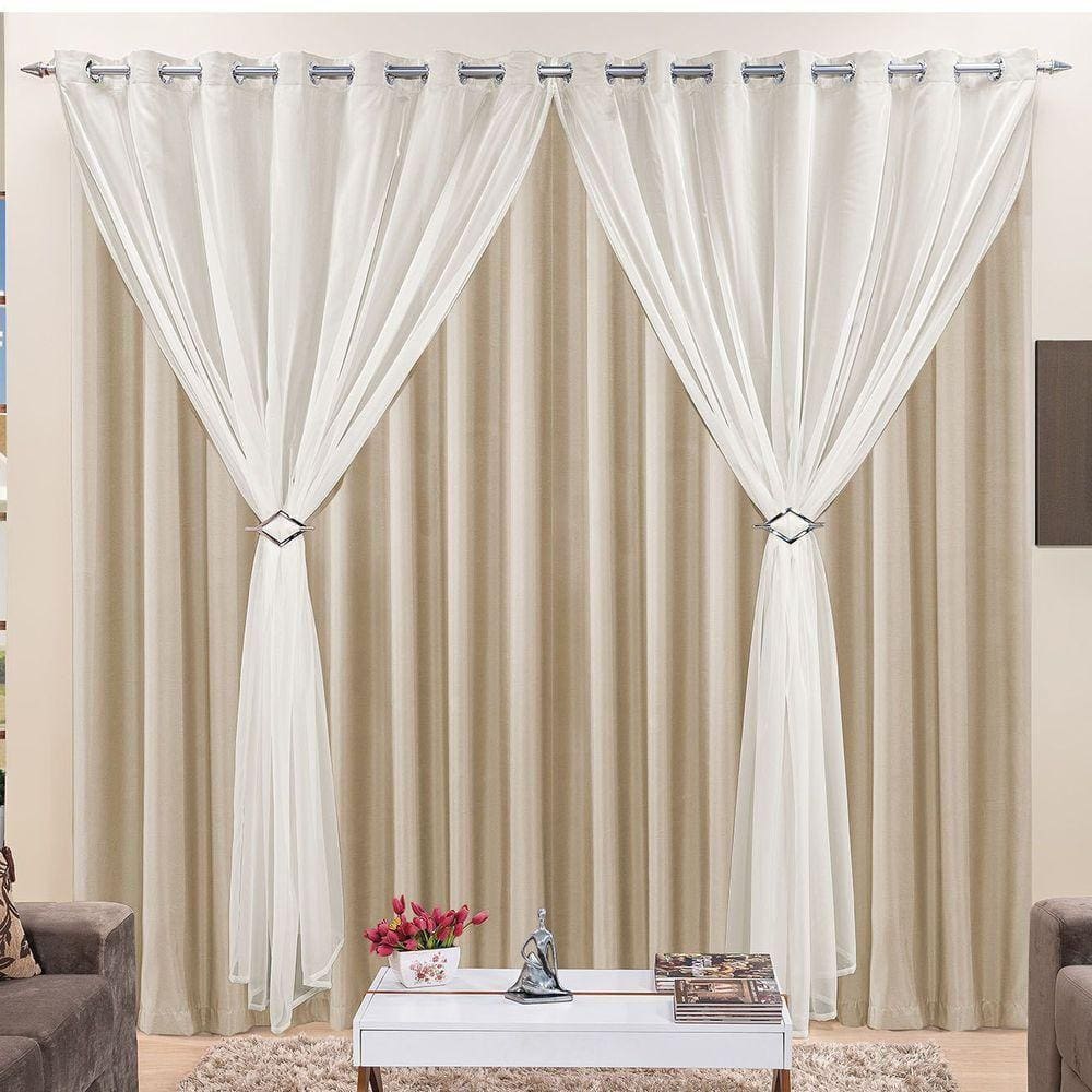 Cortina Jéssica 2 Metros Bege Tecido Microfibra Com Voal Clássica Cromada