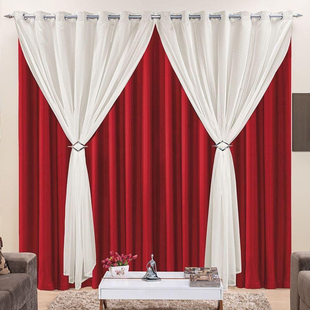Cortina Jéssica 4 Metros Vermelha Tecido Microfibra Com Voal Clássica Sala