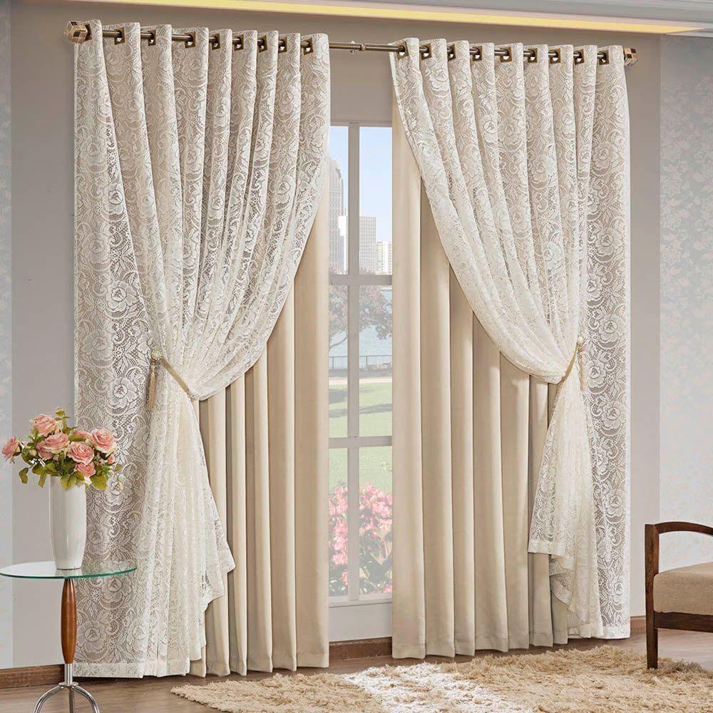 Cortina Monalisa 2,00M X 1,70M Tecido Blackout Com Renda Floral Luxo Varão Simples - Palha