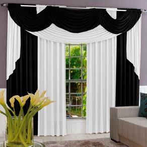 Cortina Imperial 3,00M X 2,60M Tecido Malha Gel Para Varão Duplo Sala Quarto - Preto Com Branco