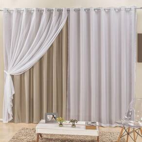 Cortina Elegance 3,00M X 2,50M Bege Tecido Semi Blackout Com Voal Moderna