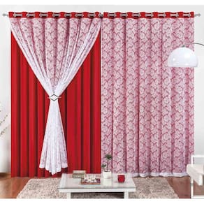 Cortina Yasmin 2 Metros Vermelha Tecido Malha Com Renda Floral Sala Ou Quarto