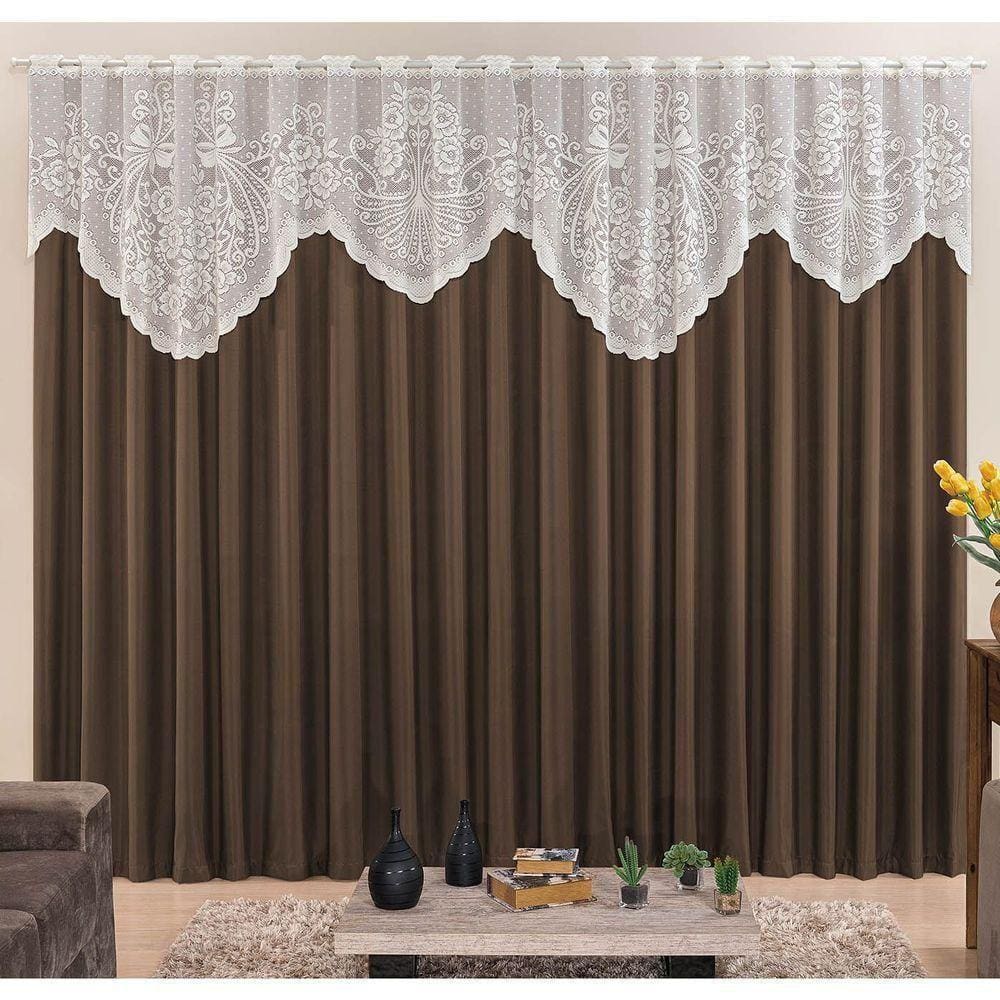 Cortina Nicole 4 Metros Tabaco Tecido Microfibra Com Renda Floral Sala Quarto