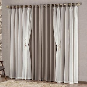 Cortina Mabelle 2,00M X 1,70M Semi Blackout Com Voal Premium Pingentes Sala Quarto - Avelã