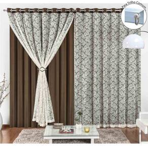 Cortina Yasmin 4,00M X 2,50M Tabaco Trilho Comum Tecido Malha Com Renda Floral