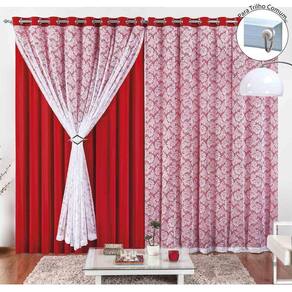 Cortina Yasmin 2,00M X 1,70M Vermelha Trilho Comum Tecido Malha Renda Floral Leve
